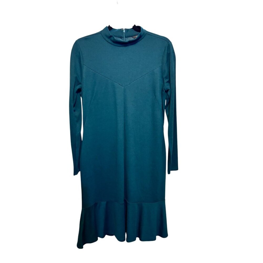 Ann Taylor Teal Wool Blend Long Sleeve Mock Neck Ruffle Hem Dress